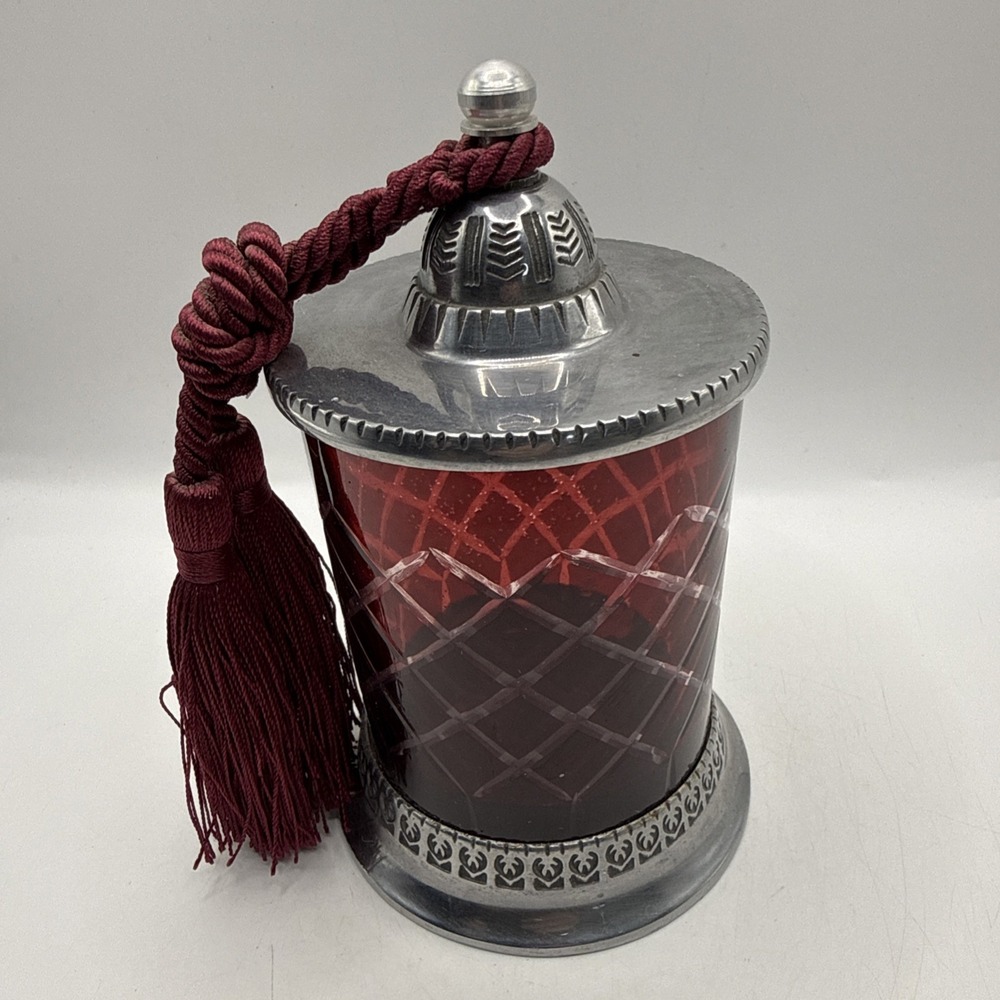 Vintage Hand Cut Crystal Candle Holder with Red Tassel Silver Top And Base - Picture 6 of 12